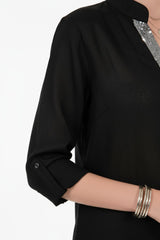 Leinenbluse Mit Pailletten – Schwarz