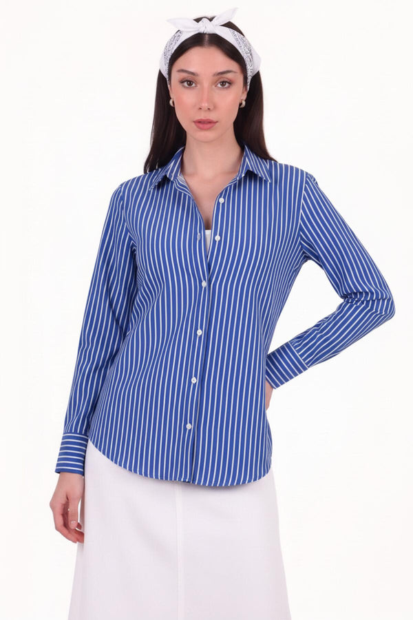 Gestreept Overhemd Met Lange Mouwen, Royal Blue