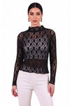 Kanten Blouse Met Opstaande Kraag — Zwart