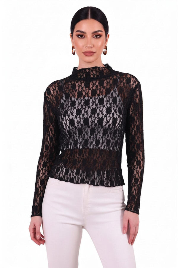 Kanten Blouse Met Opstaande Kraag — Zwart
