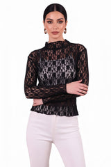 Kanten Blouse Met Opstaande Kraag — Zwart