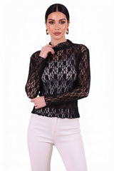 Kanten Blouse Met Opstaande Kraag — Zwart