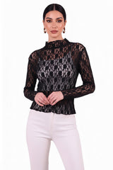Kanten Blouse Met Opstaande Kraag — Zwart