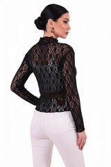 Kanten Blouse Met Opstaande Kraag — Zwart