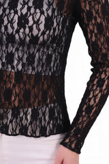 Kanten Blouse Met Opstaande Kraag — Zwart