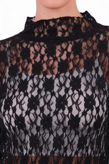 Kanten Blouse Met Opstaande Kraag — Zwart