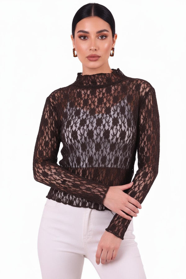 Bruine Kanten Blouse Met Opstaande Kraag