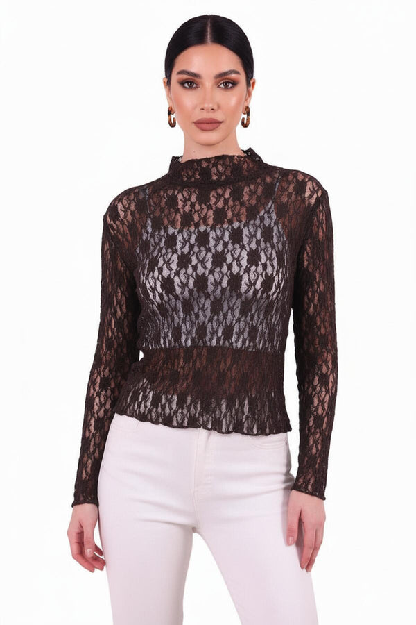 Bruine Kanten Blouse Met Opstaande Kraag