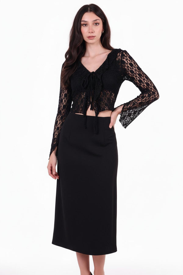 Zwarte Kanten Blouse Met Voorstrik