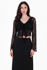 Zwarte Kanten Blouse Met Voorstrik