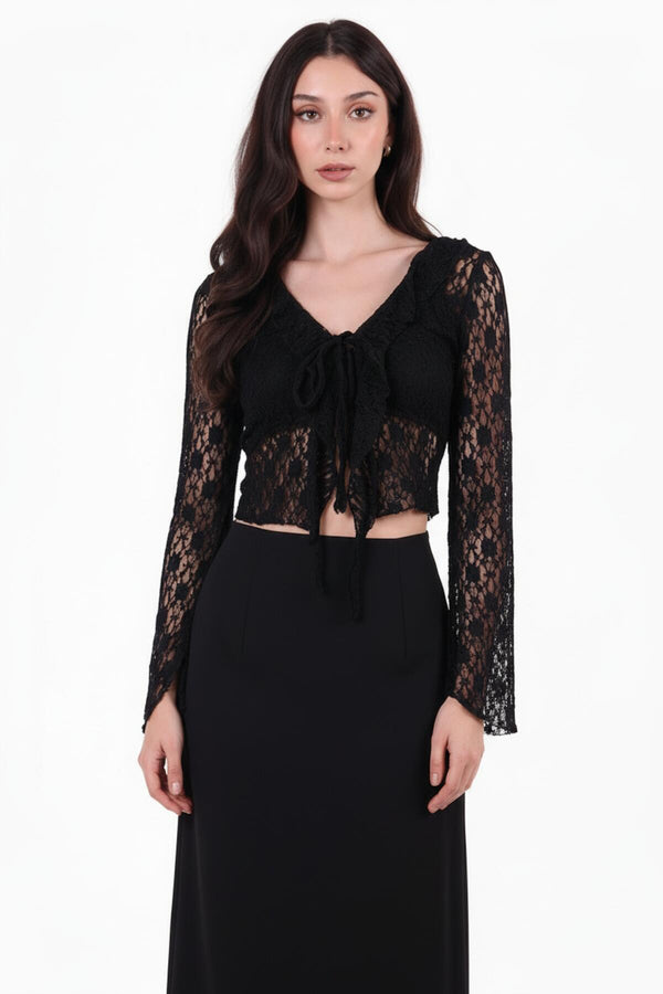 Zwarte Kanten Blouse Met Voorstrik