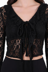 Zwarte Kanten Blouse Met Voorstrik