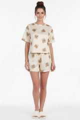 Korte Mouw Pyjama Set Met Comicprint — Beige
