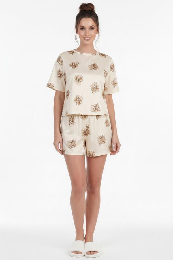 Korte Mouw Pyjama Set Met Comicprint — Beige