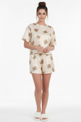 Korte Mouw Pyjama Set Met Comicprint — Beige