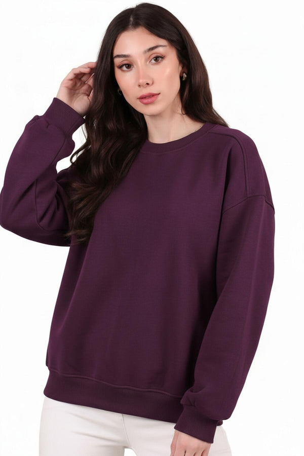 Dames Drie - Draads Kort Sweatshirt Met Ronde Hals, Pruim