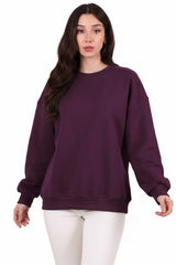 Dames Drie - Draads Kort Sweatshirt Met Ronde Hals, Pruim