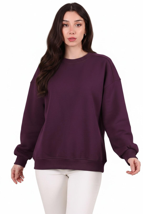 Dames Drie - Draads Kort Sweatshirt Met Ronde Hals, Pruim