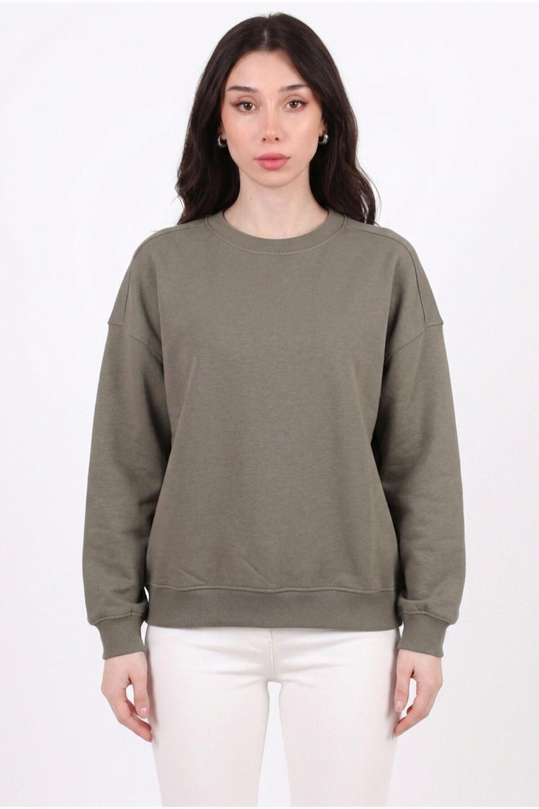 Dames 3‑Draads Korte Crewneck - Sweatshirt, Khaki