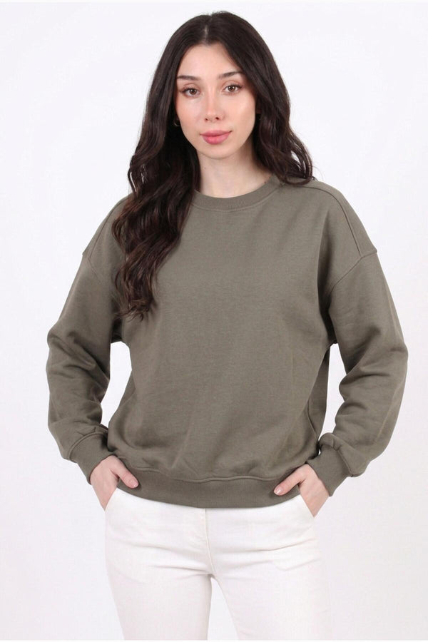 Dames 3‑Draads Korte Crewneck - Sweatshirt, Khaki