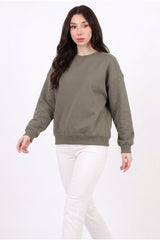 Dames 3‑Draads Korte Crewneck - Sweatshirt, Khaki