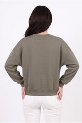 Dames 3‑Draads Korte Crewneck - Sweatshirt, Khaki