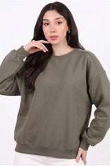 Dames 3‑Draads Korte Crewneck - Sweatshirt, Khaki