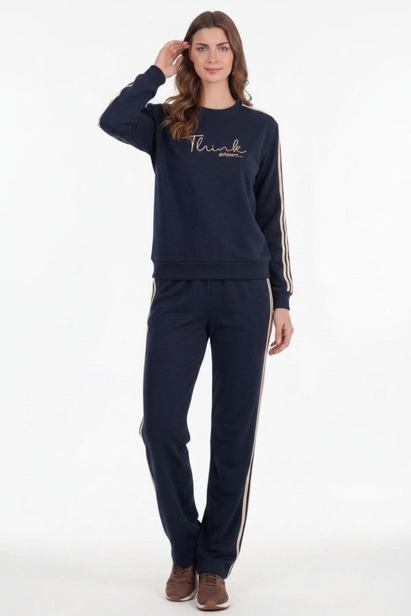 Geborduurd Trainingspak Met Strepen, Lange Mouwen - Marineblauw
