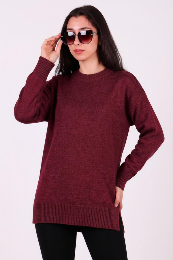 Aufgeraute Strick­tunika Mit Rundhalsausschnitt — Bordeaux