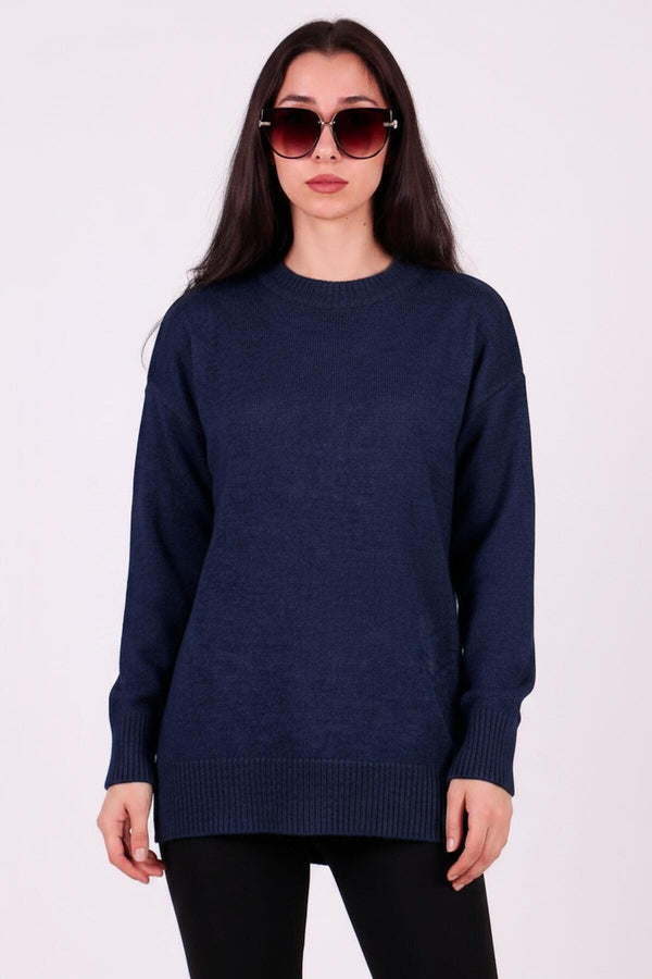Angerauter Tunika - Pullover Mit Rundhalsausschnitt – Marineblau