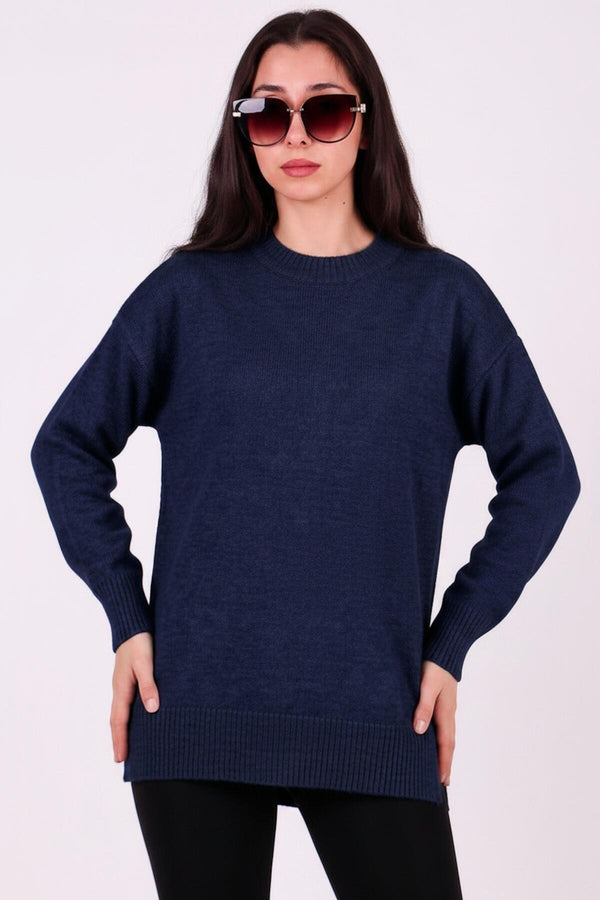 Angerauter Tunika - Pullover Mit Rundhalsausschnitt – Marineblau