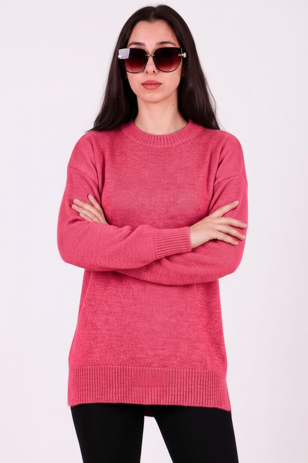 Angerauter Tunika - Pullover Mit Rundhalsausschnitt – Rosa