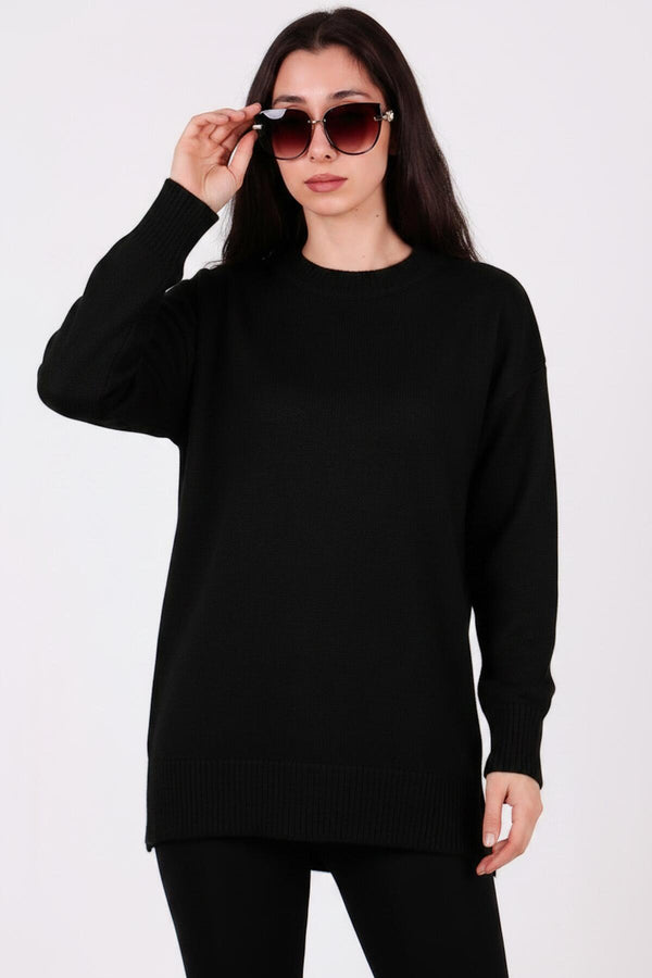 Angerauter Tunika - Pullover Mit Rundhalsausschnitt – Schwarz