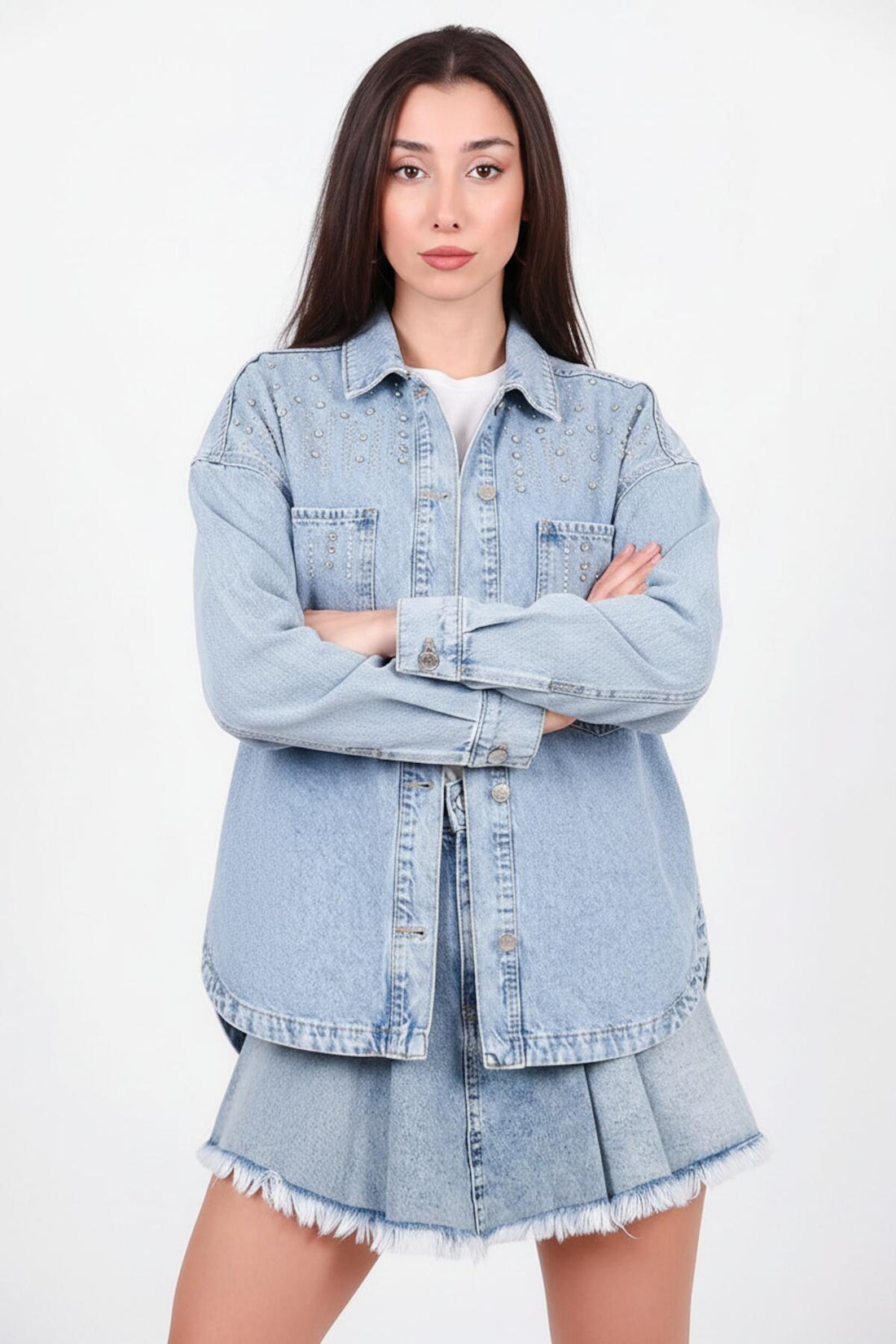 Denimjas Met Verticale Stenenversiering