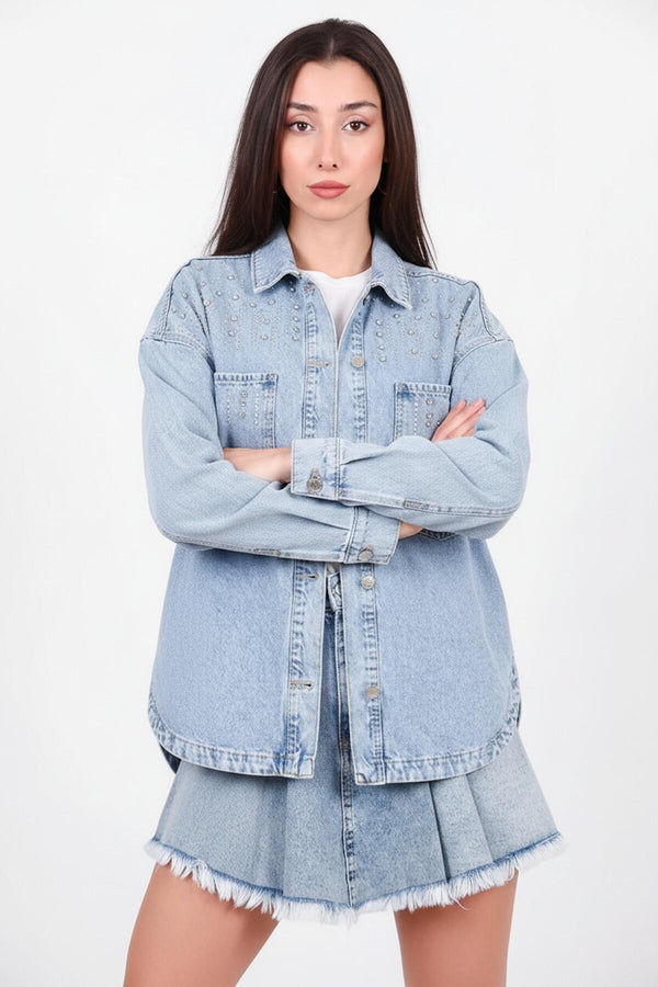 Denimjas Met Verticale Stenenversiering