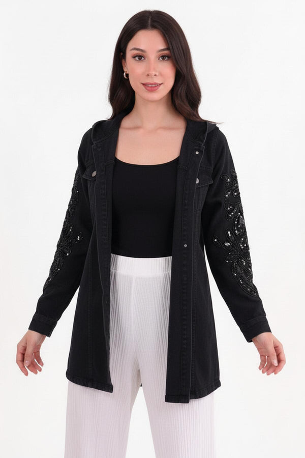 Geborduurde Oversized Denimjas Met Pailletten, Zwart