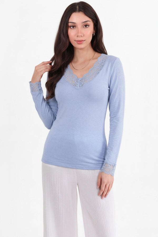 Blouse Met Kantdetail En V - Hals — Blauw