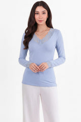 Blouse Met Kantdetail En V - Hals — Blauw