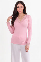 V - Halsblouse Met Kantdetail, Roze