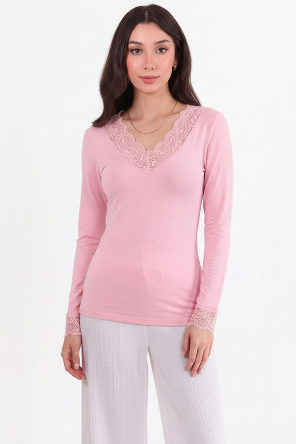 V - Halsblouse Met Kantdetail, Roze