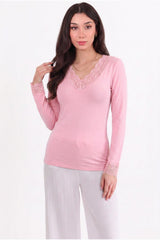 V - Halsblouse Met Kantdetail, Roze