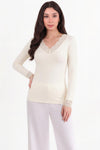 V - Halsblouse Met Kantdetail, Offwhite