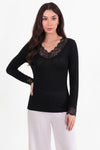 Blouse Met Kanten Details En V‑Hals — Zwart