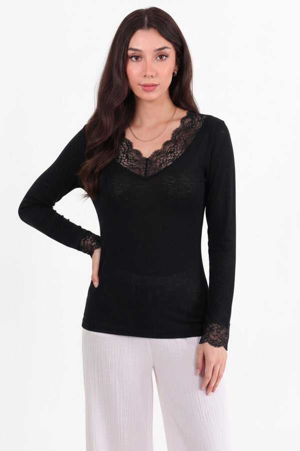 Blouse Met Kanten Details En V‑Hals — Zwart