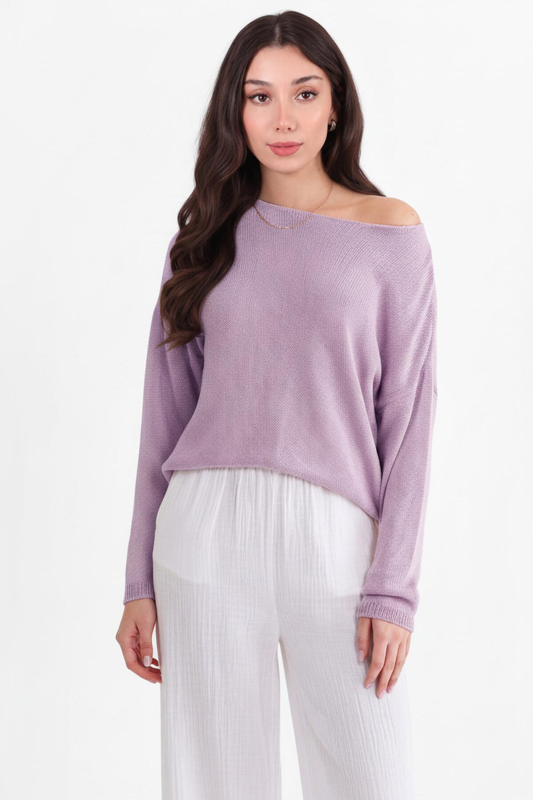 Fein Gestrickter Bootsausschnitt - Pullover — Flieder