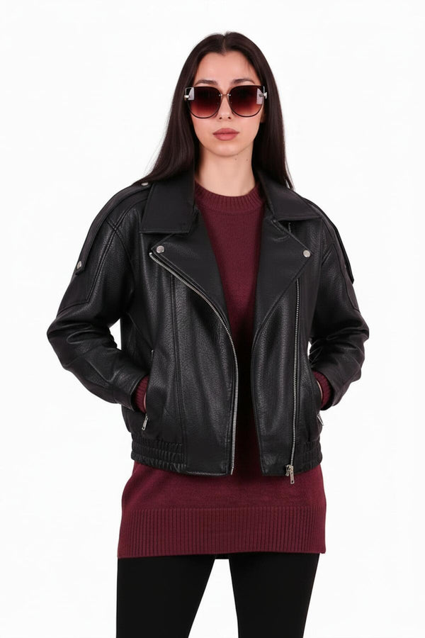 Lederjacke Mit Bezogenen Knöpfen — Schwarz