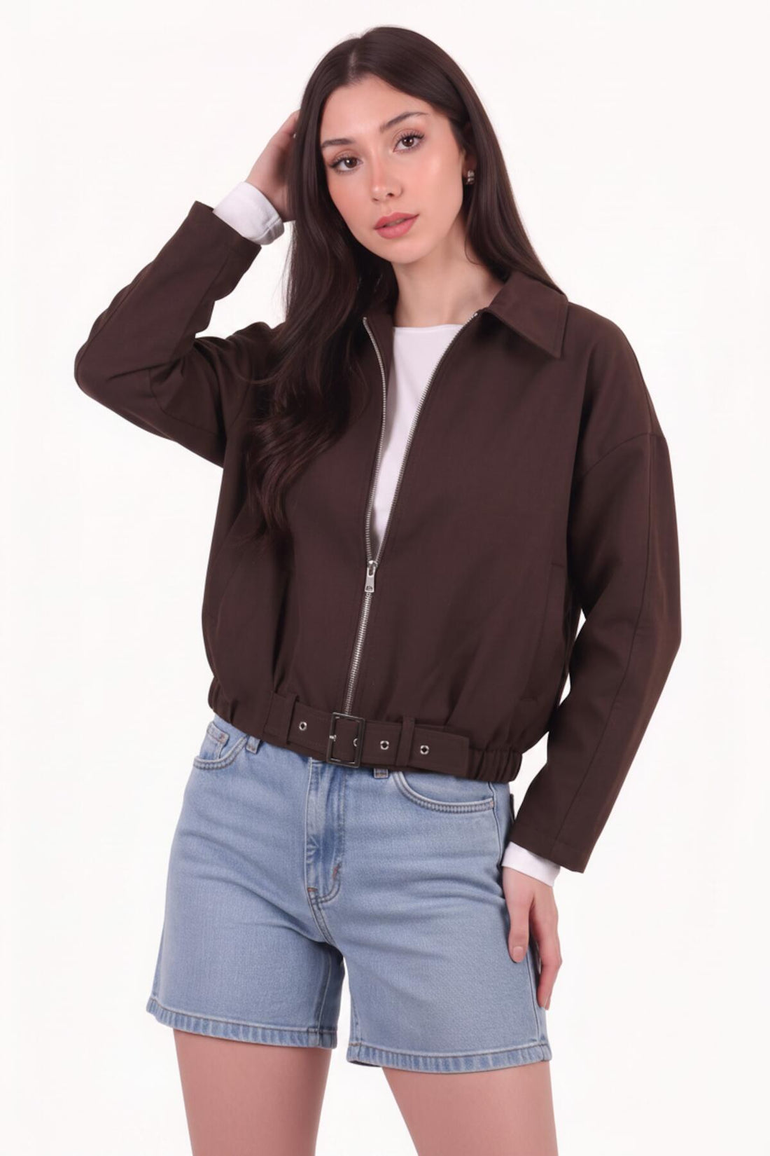 Jacke Mit Kragen Und Taillengürtel — Braun