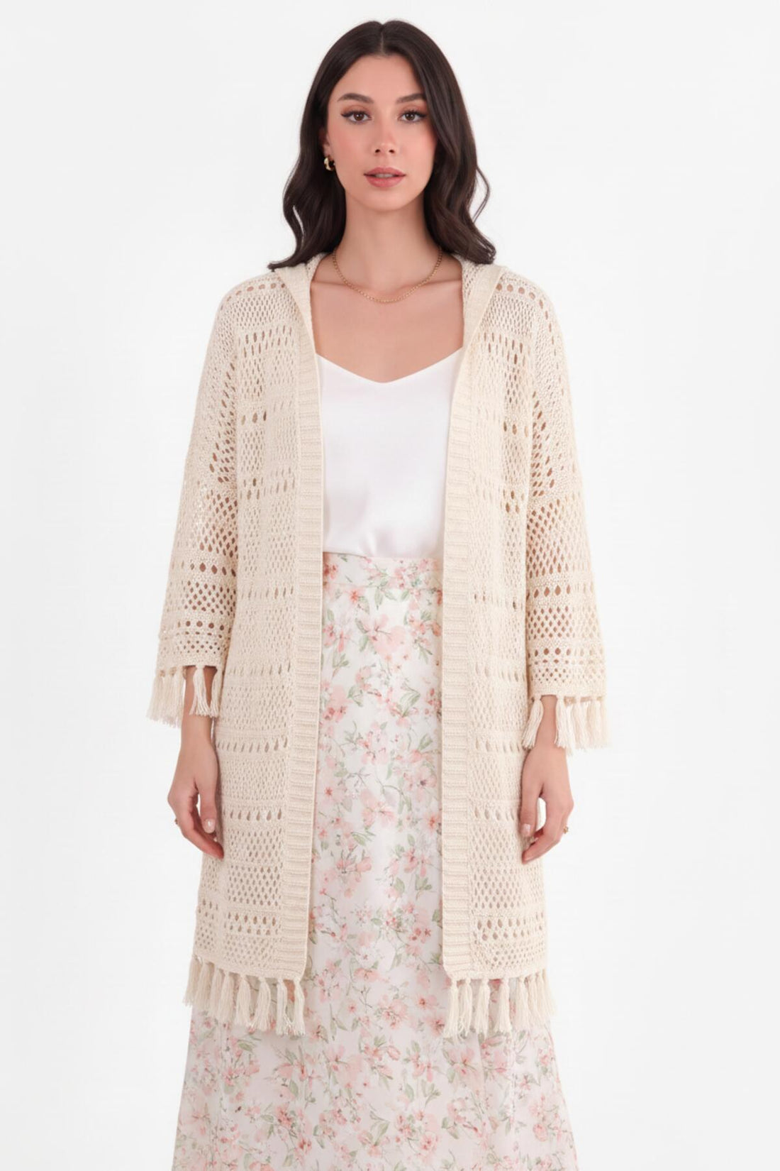 Capuchon Opengebreide Cardigan Met Fringe — Stone