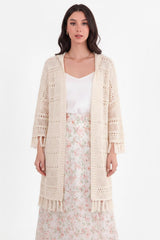 Capuchon Opengebreide Cardigan Met Fringe — Stone