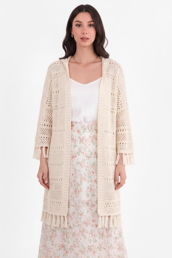 Capuchon Opengebreide Cardigan Met Fringe — Stone
